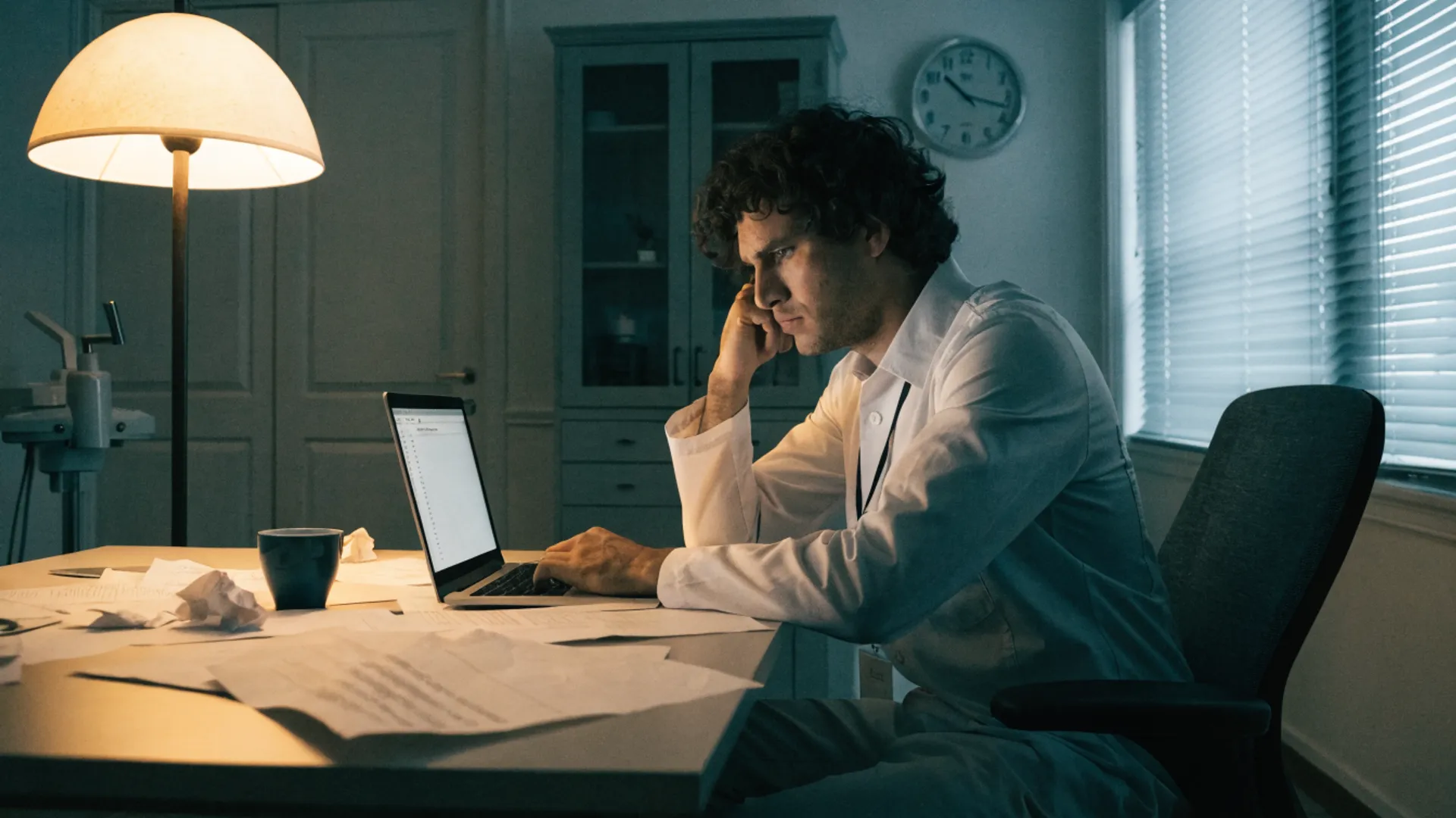 Profissional digitando em laptop cercado por ícones de inteligência artificial e relógio