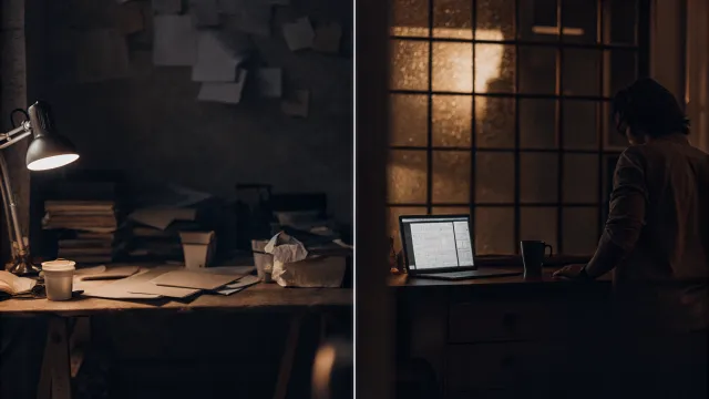 AI generated text on a screen with a person looking thoughtfully at it. Reflects speed and brand concerns.