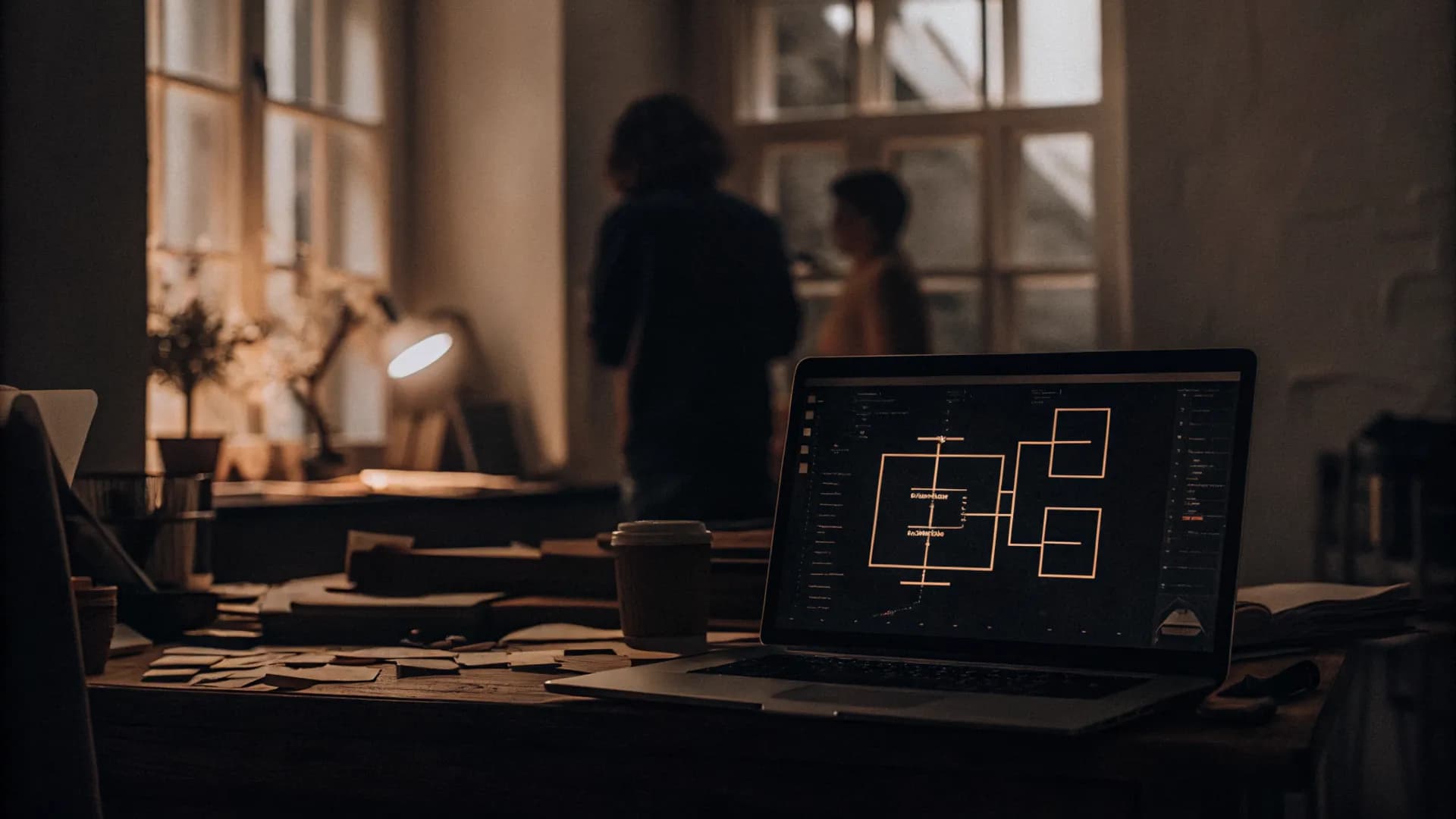Robot arm processing documents on a modern office desk with computer monitors