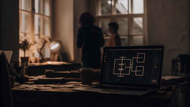Robot arm processing documents on a modern office desk with computer monitors