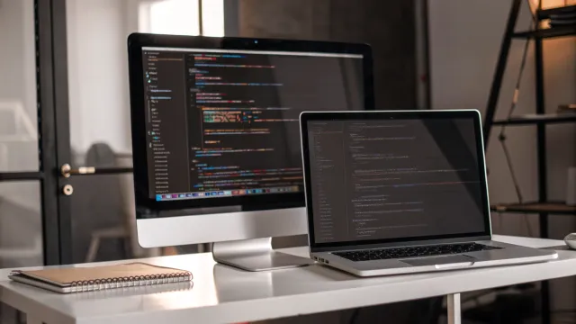 Modern B2B website interface displayed alongside a scalable Next.js architecture diagram with microservices