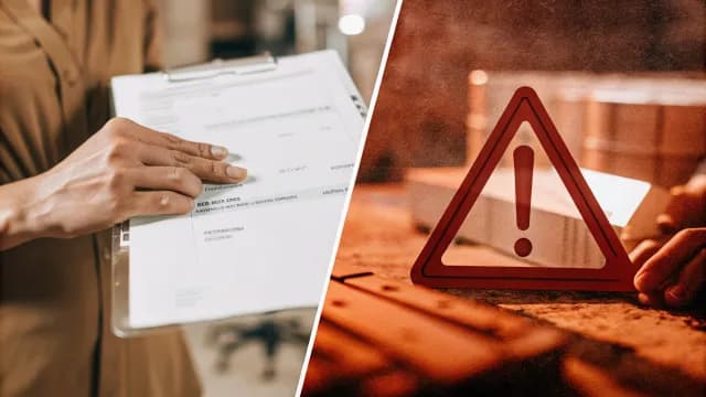 Red warning flags and caution symbols overlaid on a website proposal document with a price tag