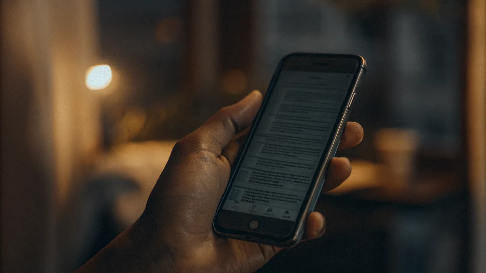 Person holding smartphone viewing a small, poorly formatted website on mobile screen