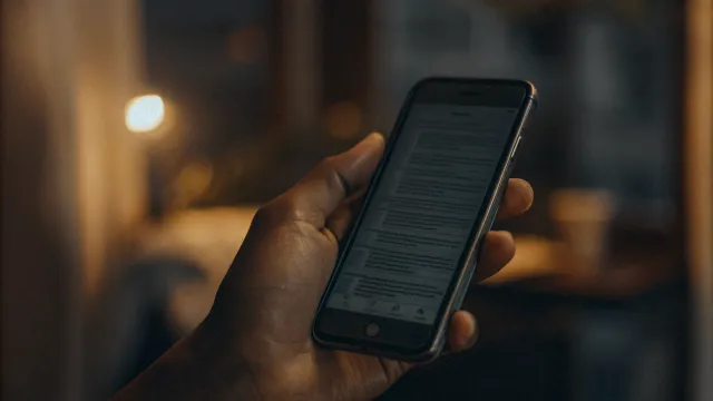 Person holding smartphone viewing a small, poorly formatted website on mobile screen