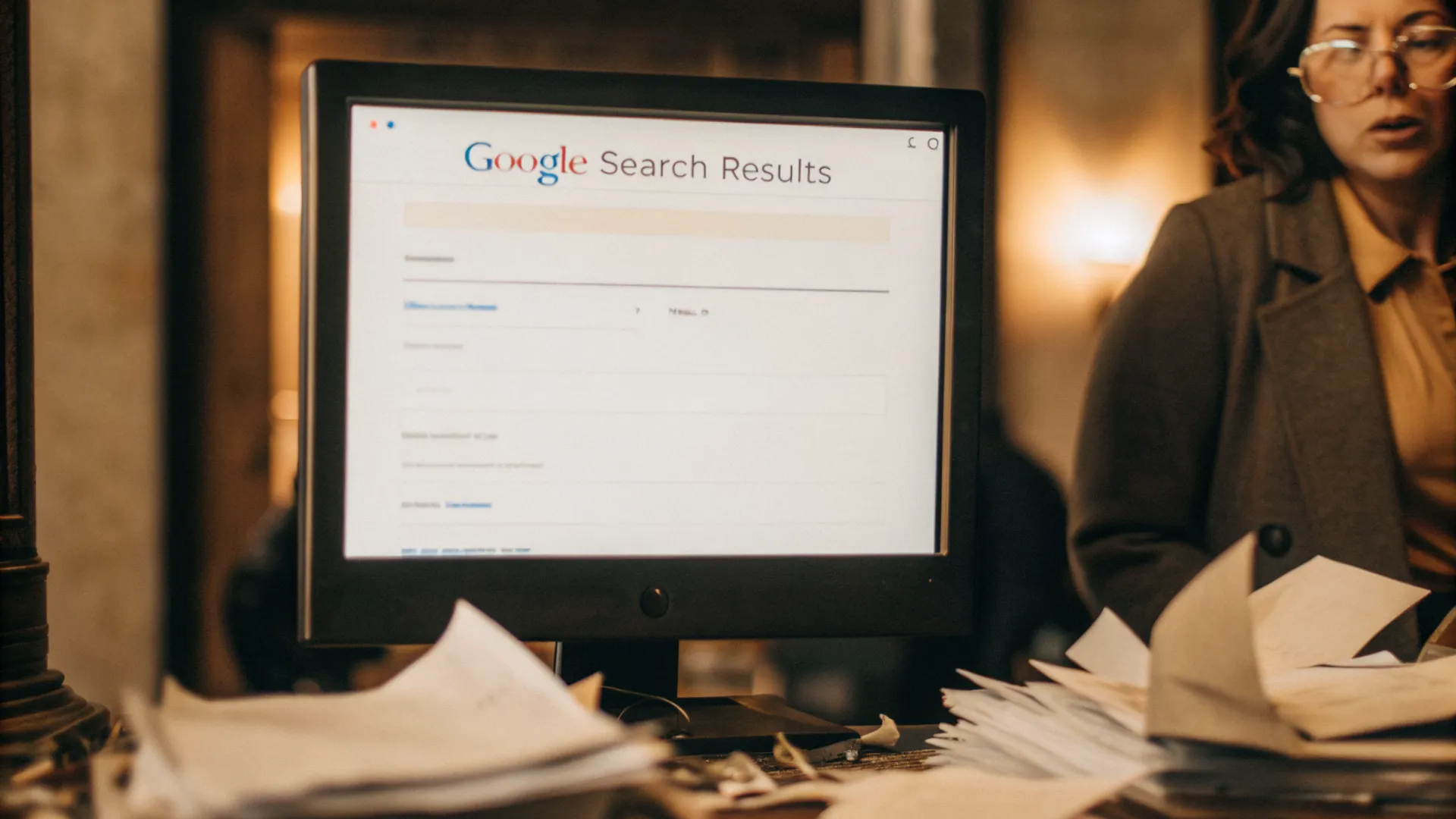 Business owner frustrated searching for their company name on Google with no results visible
