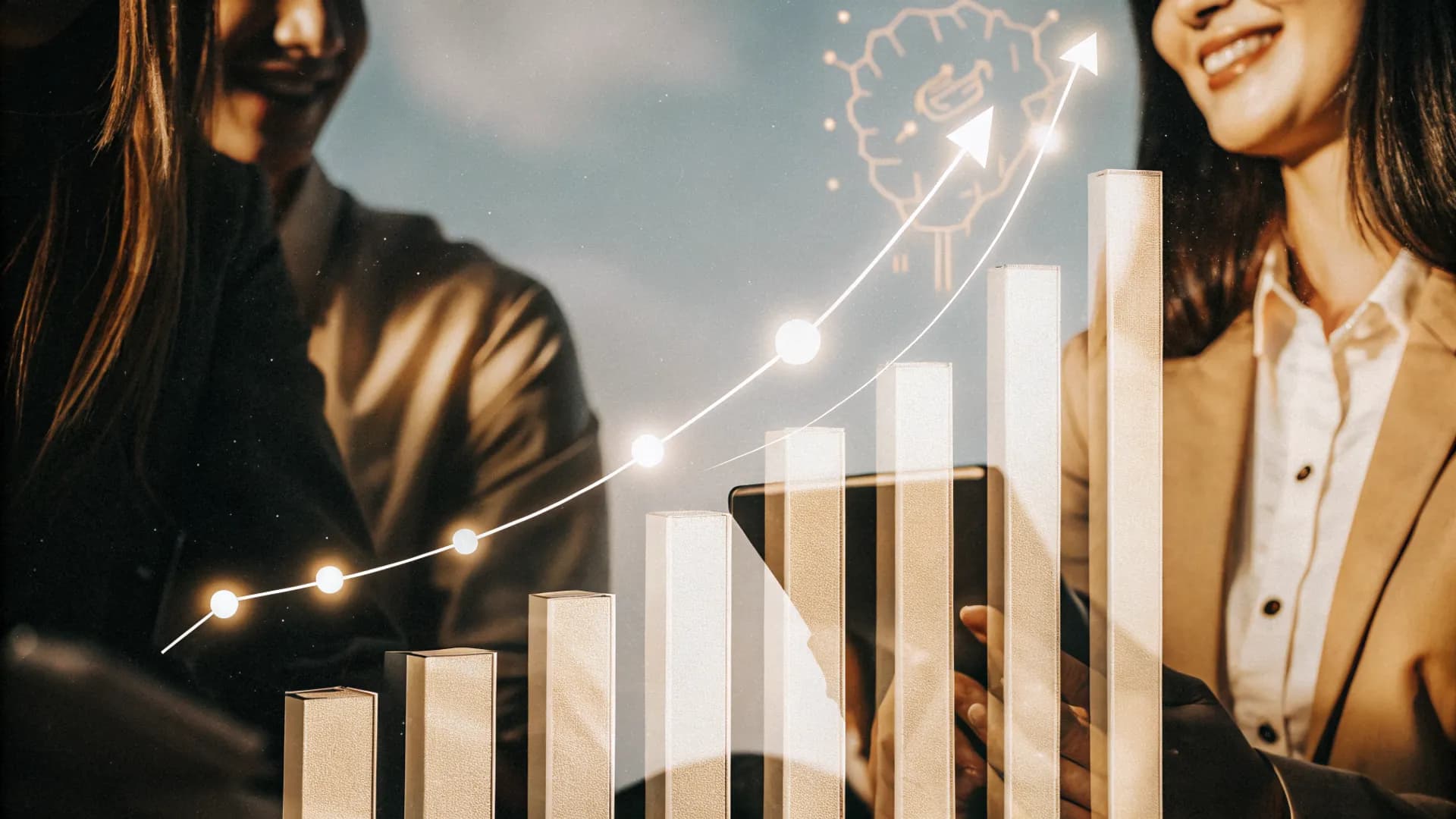 Abstract geometric graphic representing AI, alongside a sales chart trending upwards.