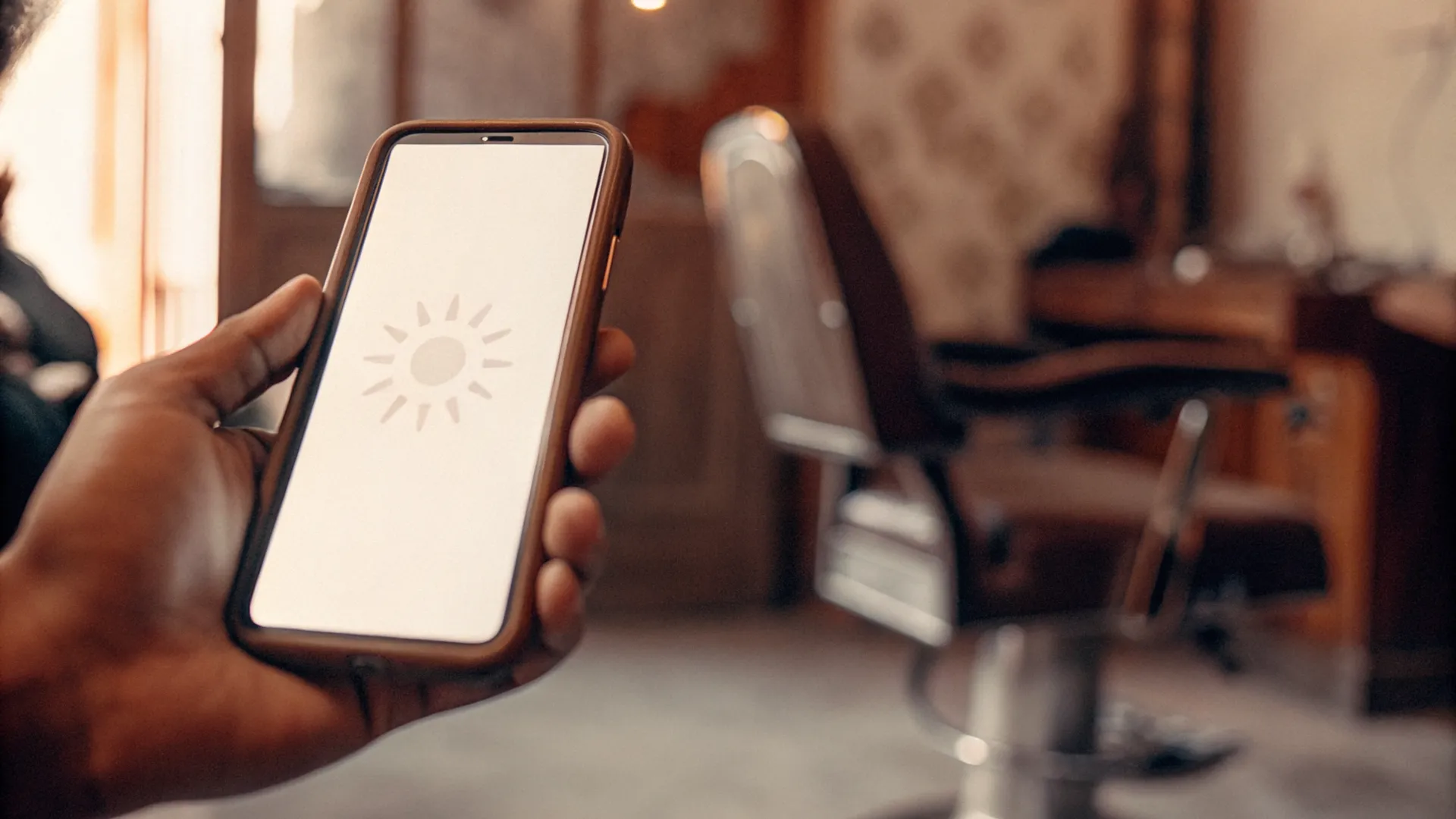 Barbershop website loading slowly on mobile phone at night with customer frustrated